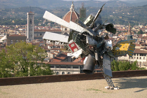 Modern Art at Belvedere  (600Wx400H) - Modern work of Art (a destroyed airplane) at Forte Belvedere. On the background a view of the city (from Forte Belvedere you can enjoy the best view over the Old Town and the hills). (Photo by Marco De La Pierre) 